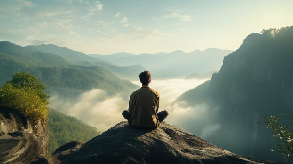man meditating on a cliff