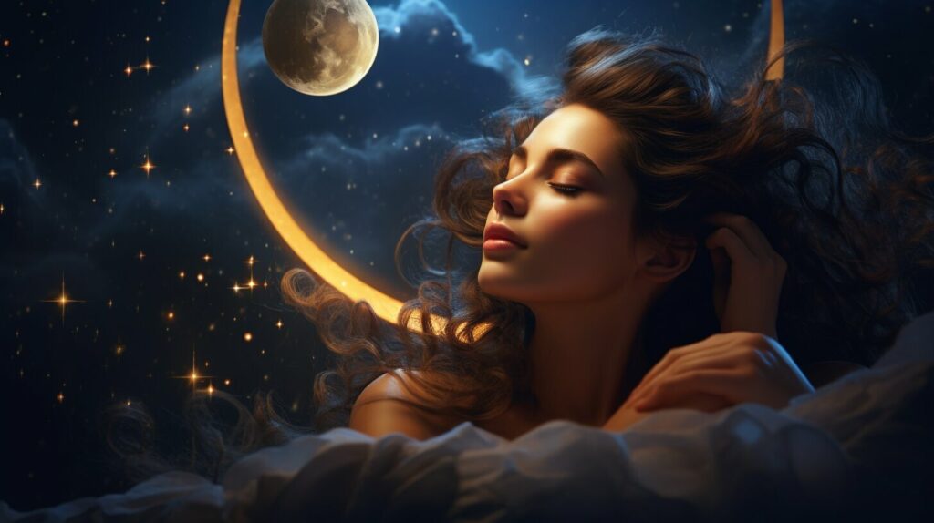 sleeping woman with a dream bubble containing a crescent moon and a starry sky
